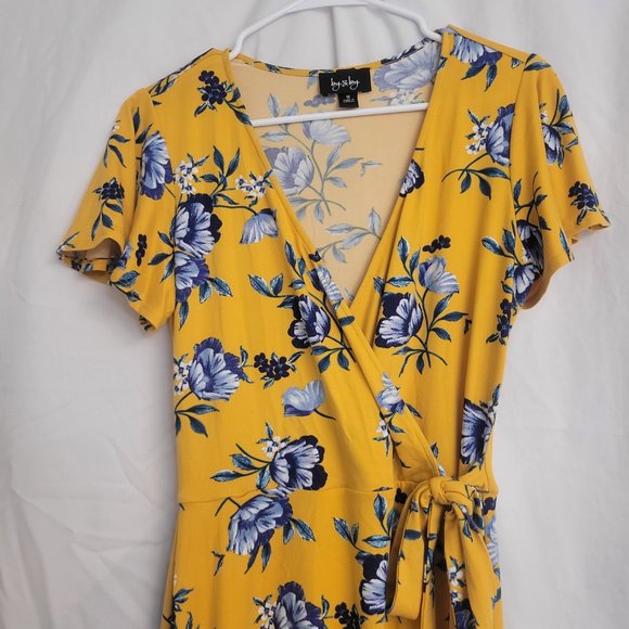 By & By Juniors Floral Yellow and Blue High Low Super Soft Faux Wrap Dress - Picture 2 of 10